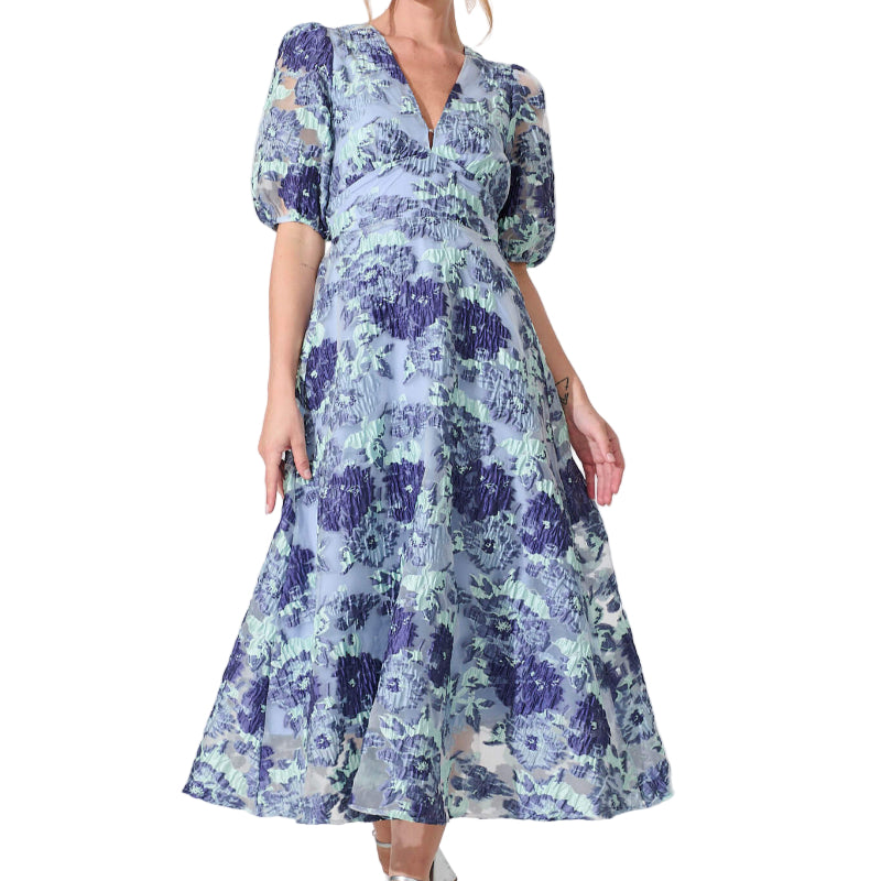 Opulence Midi Dress In Blue - Floral Organza Jacquard, available at: https://www.daltik.com/