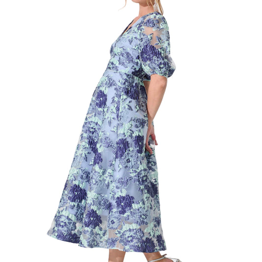 Opulence Midi Dress In Blue - Floral Organza Jacquard, available at: https://www.daltik.com/