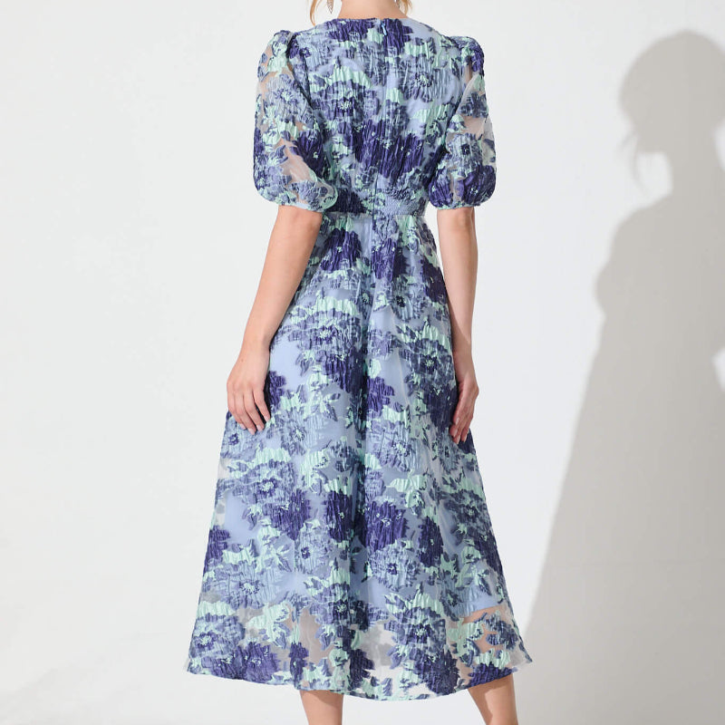 Opulence Midi Dress In Blue - Floral Organza Jacquard