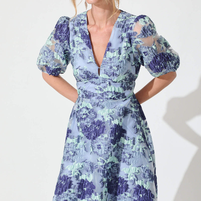 Opulence Midi Dress In Blue - Floral Organza Jacquard, available at: https://www.daltik.com/