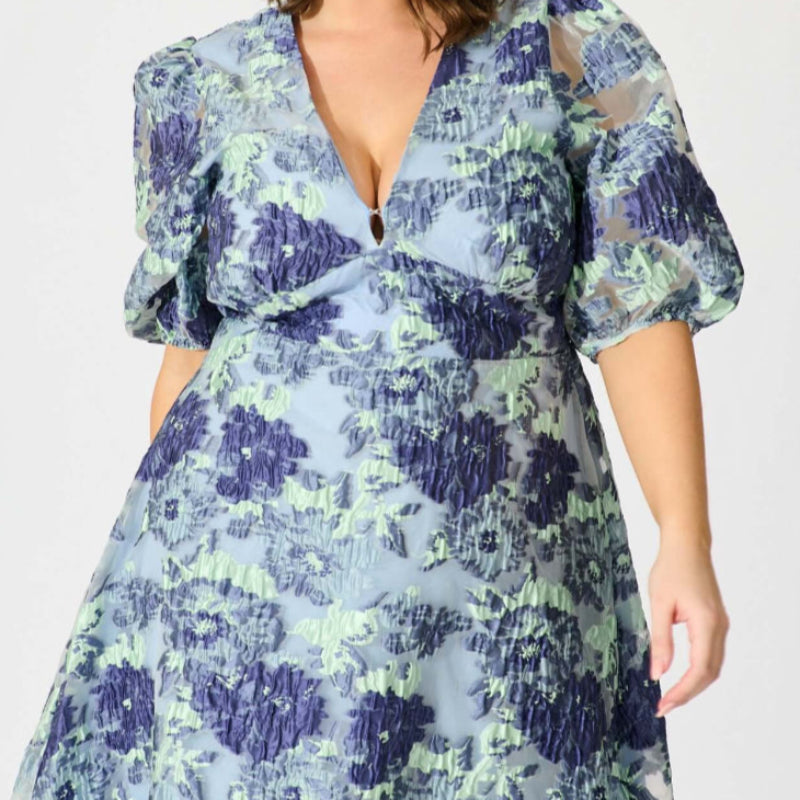 Opulence Midi Dress In Blue - Floral Organza Jacquard, available at: https://www.daltik.com/