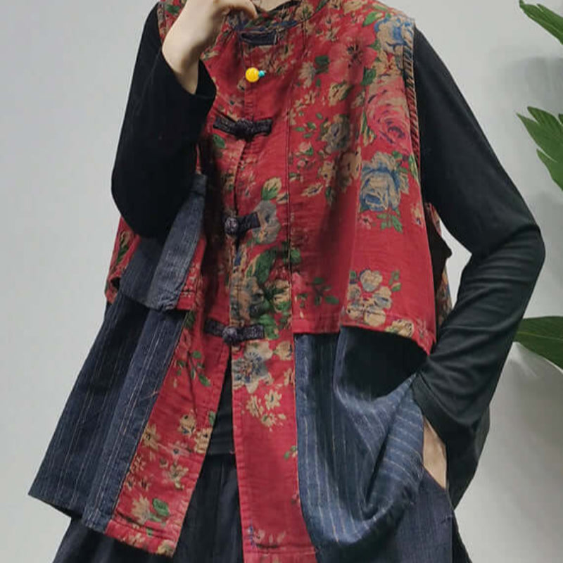 Vintage Red Stand Collar | Chinese Button Patchwork print Cotton Vest Sleeveless, available at: https://www.daltik.com/