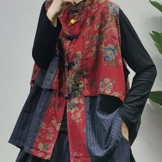 Vintage Red Stand Collar | Chinese Button Patchwork print Cotton Vest Sleeveless, available at: https://www.daltik.com/