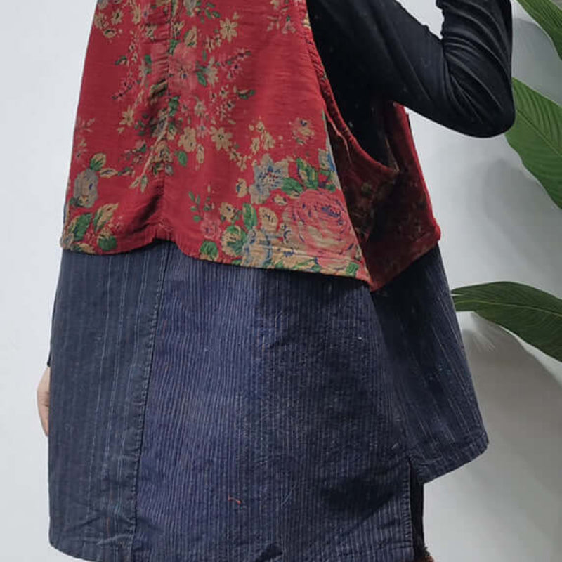 Vintage Red Stand Collar | Chinese Button Patchwork print Cotton Vest Sleeveless, available at: https://www.daltik.com/